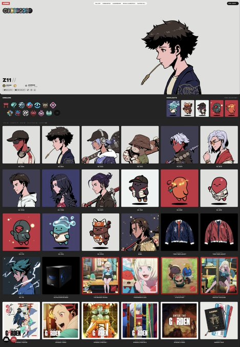 A profile page for 'Z11' displaying a large anime-style character illustration and a grid of various artwork pieces.