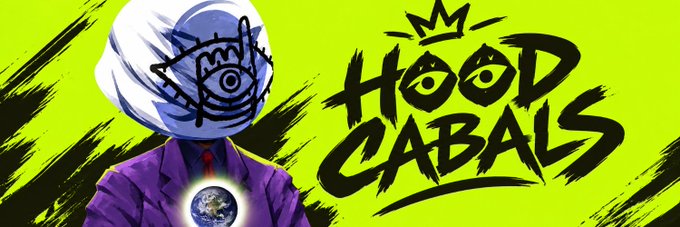 A bright green promotional banner for 'HOOD CABALS' featuring an illustrated character in a purple suit with an all-seeing eye where their face should be.