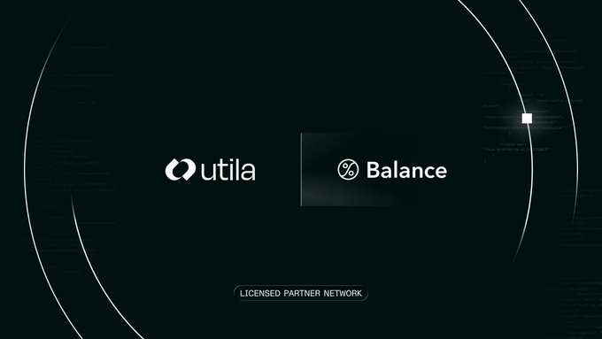 The image features a dark promotional graphic displaying the "utila" logo alongside the "Balance" name with a circular emblem, accompanied by a "LICENSED PARTNER NETWORK" badge at the bottom, visually announcing Balance's inclusion as a founding member of Utila's Licensed Partner Network for regulated stablecoin products.