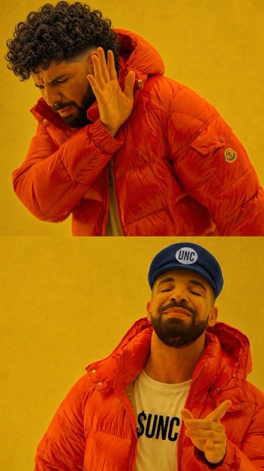 Two photos of a man with curly hair and a beard wearing an orange puffer jacket against a yellow background; in the top image he makes a "stop" gesture with his hand, and in the bottom he wears a blue "UNC" cap.