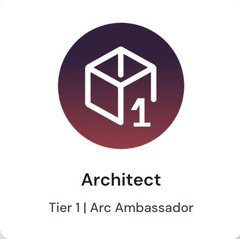 The image shows an "Architect" badge with "Tier 1 | Arc Ambassador" text, representing the new Arc ambassador tier that 2,279 new members have joined as part of the latest Architect round, bringing the total from 4,580 to 6,859.