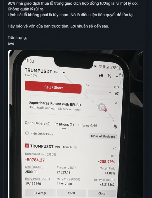 Vietnamese message from 'Eve' warning about a futures liquidation, accompanied by a screenshot of a TRUMPUSDT position showing -50784.27 USDT unrealized PNL at 208.79% ROE.