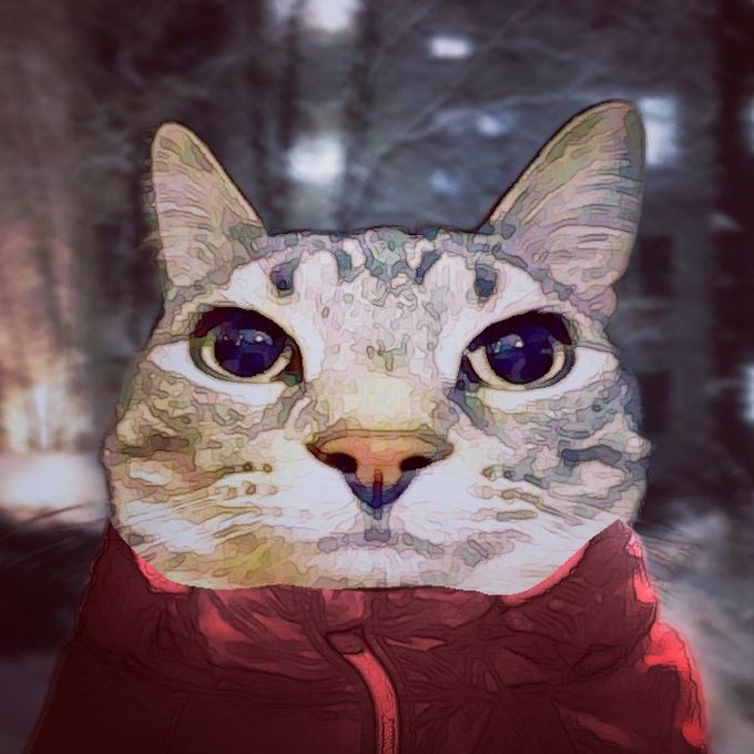 A stylized, painterly digital portrait of a tabby cat with green eyes wearing a red jacket, set against a blurred forest background.