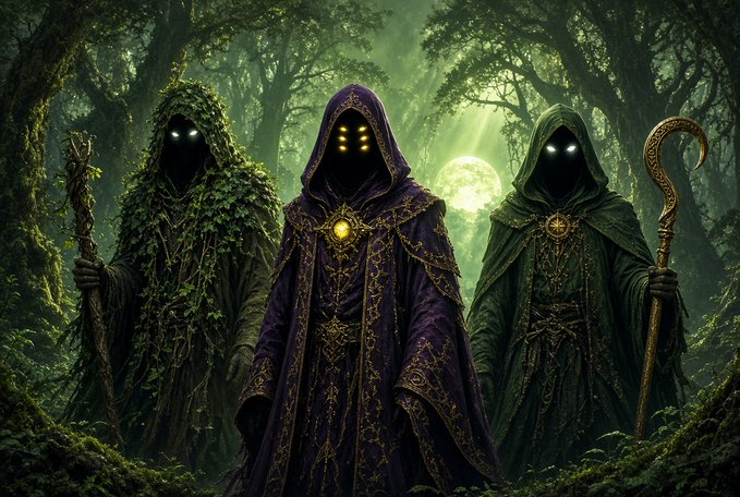 A dark fantasy illustration of three hooded figures with glowing eyes in a moonlit forest—the left one covered in vines, the center one in purple robes with a glowing amulet, and the right one in green robes holding a staff.