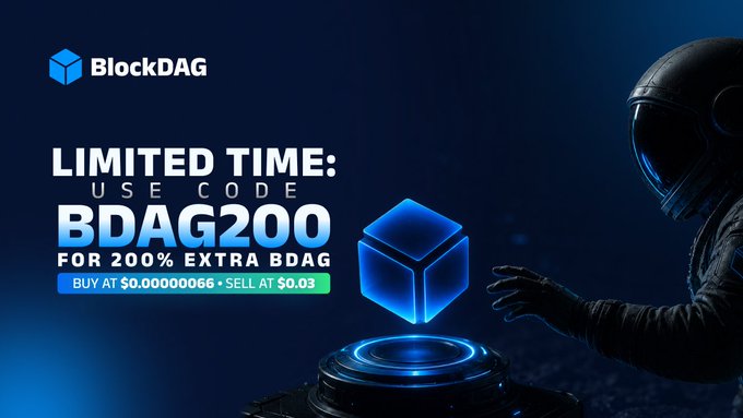 The BlockDAG promotional image displays an astronaut interacting with a glowing cube alongside text announcing the limited-time offer to use code "BDAG200" for 200% extra BDAG, with buy and sell prices listed. This graphic visually represents the exciting, potentially lucrative opportunity emphasized in the accompanying post.