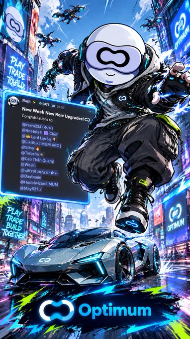 A stylized digital artwork of a character in futuristic white and black armor jumping over a sleek sports car in a cyberpunk-style city, with 'Optimum' branding and a UI panel showing 'New Week New Role Upgrades' with various usernames.
