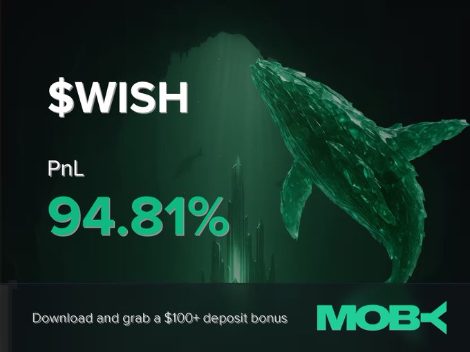 A promotional graphic featuring a green whale against a dark, underwater-style background displays "$WISH" with a "PnL 94.81%" win alert, alongside the Moby logo and text promoting a "$100+ deposit bonus." The visual reinforces the post's announcement of a Moby Mobile trader closing a $WISH position with a +94.81% profit.