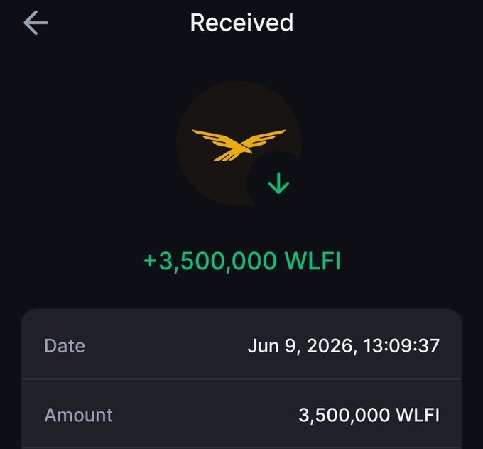 A cryptocurrency wallet screen showing a received transaction of '+3,500,000 WLFI' dated Jun 9, 2026.