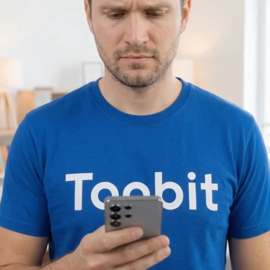 A man wearing a blue "Toobit" t-shirt looks down intently at his smartphone in a bright room.
