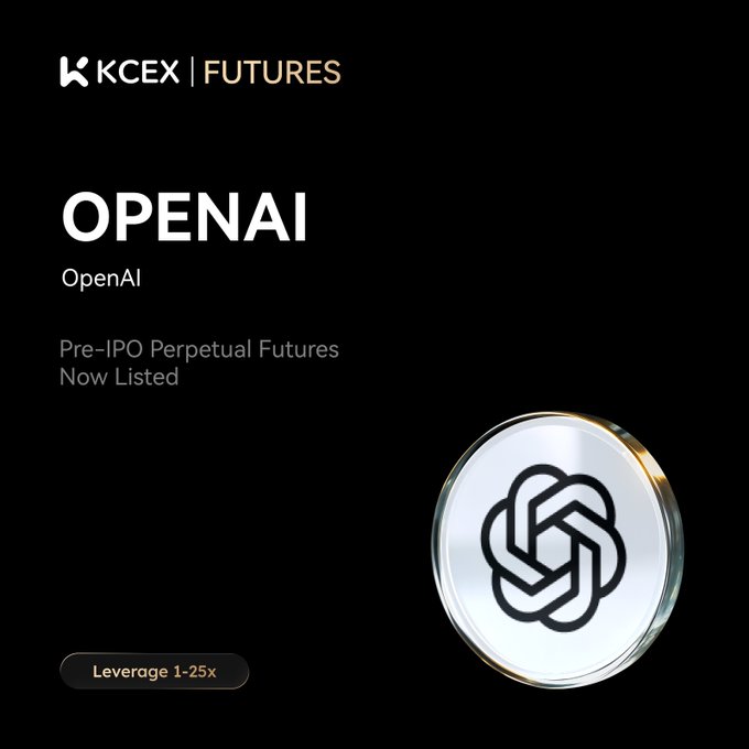 The image features a black background with white text that reads "@OpenAI" followed by "pre-IPO perpetual futures are now available on kcex.com/futures leverage: 1-25x Start Trading Now". The main focus of the image is a silver coin placed in the center, which has a black logo surrounding it.