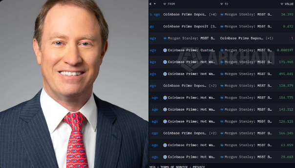 The image shows a professional headshot of a smiling man in a dark suit with a red tie beside a screen displaying Morgan Stanley (MSBT) crypto transaction records, including multiple transfers from Coinbase Prime showing significant BTC inflows totaling millions of dollars and a single outflow of 1 BTC, illustrating the post's claim of massive one-way Bitcoin accumulation by Wall Street.