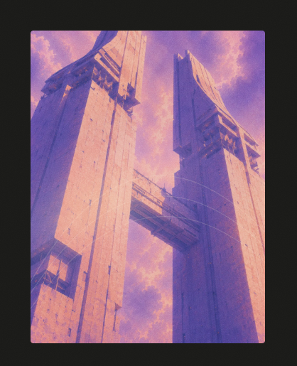 A stylized, purple-toned digital artwork depicting a massive futuristic structure with tall towers reaching into a cloudy sky.