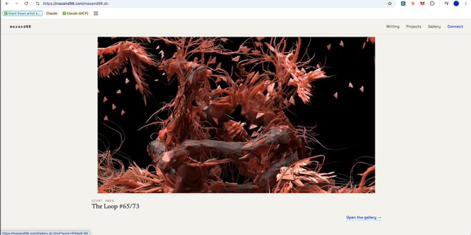 A browser view of theartso98 gallery site showing an abstract 3D artwork titled 'The Loop #65/$73' featuring intricate coral-like red and orange organic structures on a black background.