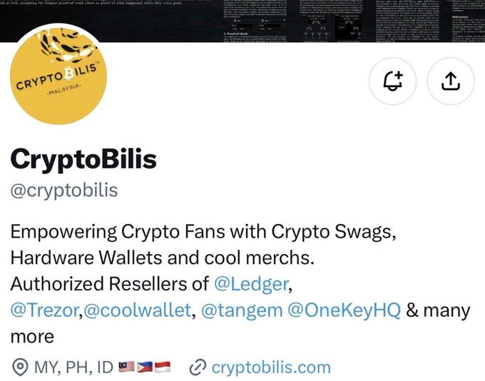 A social media profile for CryptoBilis (@cryptobilis) describing it as "Empowering Crypto Fans with Crypto Swags, Hardware Wallets and cool merchs" and an authorized reseller of @Ledger, @Trezor, @coolwallet, @tangem, @OneKeyHQ, with website cryptobilis.com.
