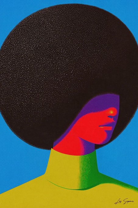 A vibrant pop art illustration of a person with an oversized black afro, featuring a red face with purple shading and wearing a yellow turtleneck against a blue background, signed 'Les Sapeurs'.