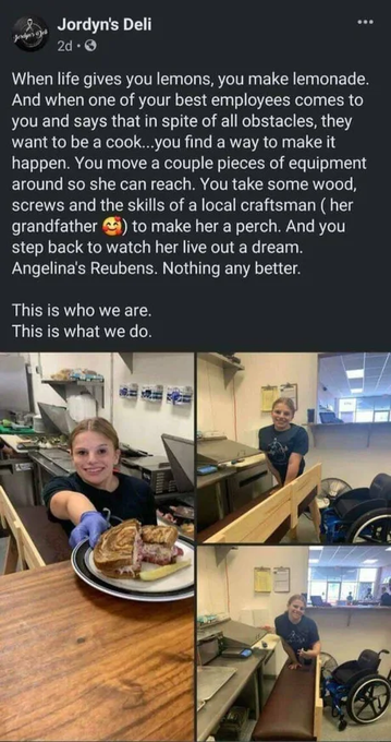 A Facebook post from Jordyn's Deli shares an inspirational story about building a custom booth called 'Angelina's Reubens' for an employee, accompanied by photos of the young woman and her wheelchair.