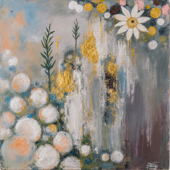 Abstract acrylic painting featuring a white daisy-like flower, gold leaf accents, circular pastel motifs, and green sprigs against a mixed blue and earthy background.