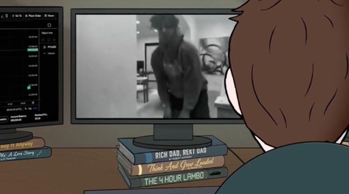 An animated character sits at a desk watching a monitor displaying a black-and-white video, with a monitor showing trading charts on the left and three books titled 'RICH DAD, REKT DAD', 'Think And Grow Loaded', and 'THE 4 HOUR LAMBO' stacked beneath.