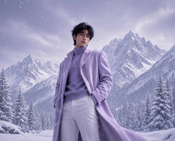 A man with glasses stands in a snowy mountain landscape wearing a lavender turtleneck and matching long coat over white pants, with a starry purple sky overhead.