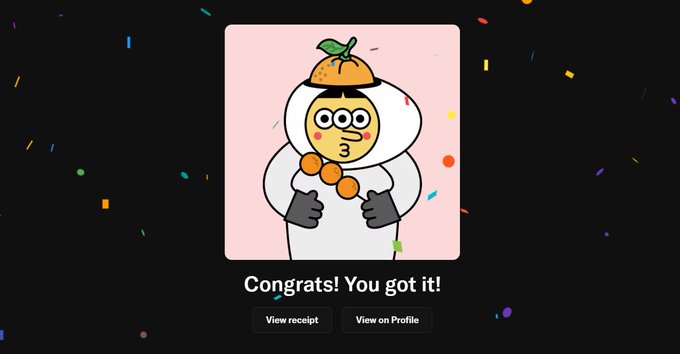 Digital 'Congrats! You got it!' notification screen featuring a cartoon duck character wearing an orange hat and red beaded necklace, with options to 'View receipt' or 'View on Profile.'