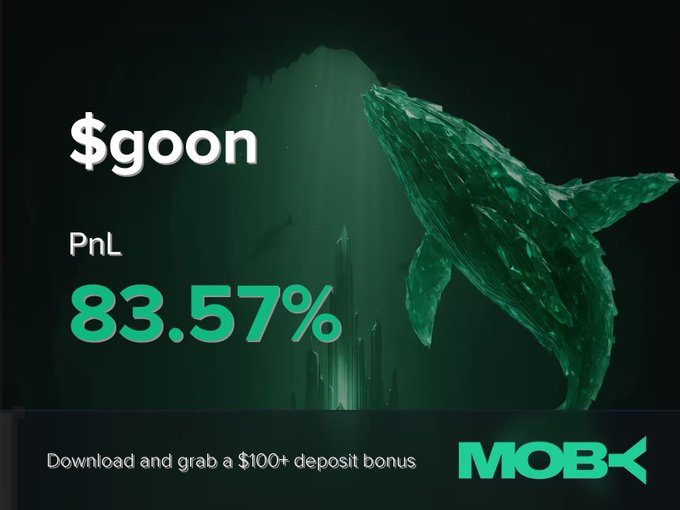 The promotional graphic for Moby Mobile features a green-hued underwater scene with a whale, highlighting a successful trade of the "$goon" token with a striking PnL of 83.57%. A call-to-action at the bottom invites users to "Download and grab a $100+ deposit bonus," accompanied by the Moby logo.