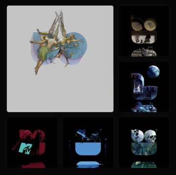 A dark-themed image collage displays surreal digital art pieces featuring figures, masks, and abstract shapes.