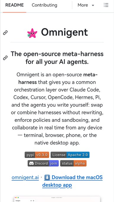 A GitHub README page for Omnigent, an open-source meta-harness for AI agents, featuring a pink star mascot, version v0.3.0, Apache 2.0 license, and links to Discord and the macOS desktop app.
