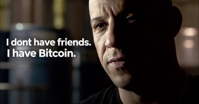 A close-up of actor Vin Diesel's face with overlaid text reading 'I dont have friends. I have Bitcoin.'