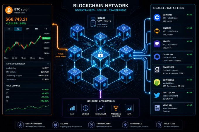 A detailed infographic titled 'BLOCKCHAIN NETWORK' showing Bitcoin's price at $68,743.21, market overview data, a central blockchain diagram with smart contracts, and oracle/data feeds from Coinbase, Binance, Kraken, Chainlink, Glassnode, Coingecko, Twitter API, and News API.
