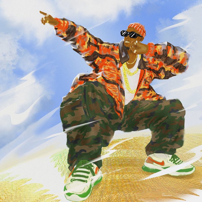 A colorful illustration of a man in sunglasses, a red patterned jacket, and camouflage pants posing dynamically while pointing upward against a bright sky background.