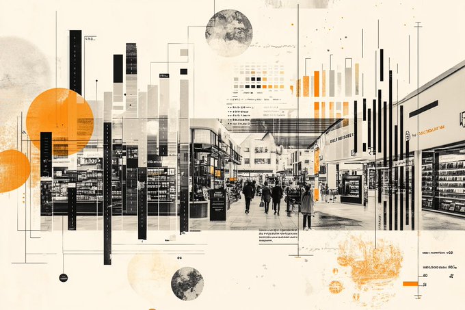 A stylized collage featuring a black-and-white shopping mall photograph overlaid with orange and black bar charts, planetary illustrations, and data visualizations. The image visually reinforces the post's focus on financial market movements, including a ticker reading "USDOLLAR Index" and "USDOLLAR Index 100.50," symbolizing currency and commodity fluctuations amid geopolitical risks.