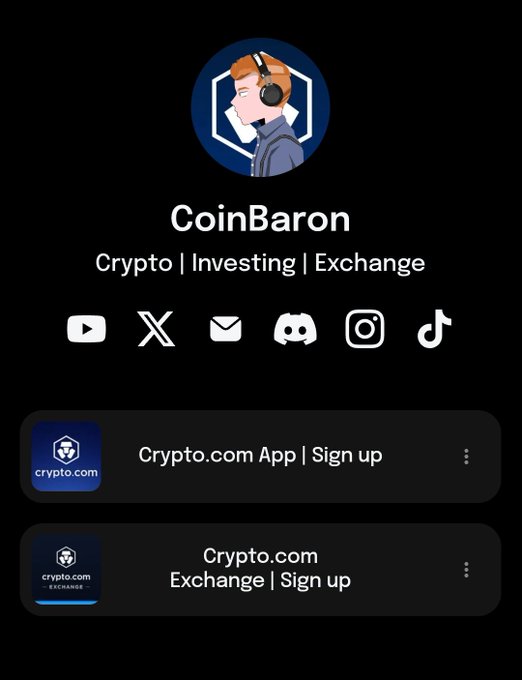 The image shows a Linktree-style profile page for "CoinBaron" featuring a cartoon avatar of a red-haired figure with headphones, social media icons (YouTube, X, Email, Discord, Instagram, TikTok), and two referral links for "Crypto.com App | Sign up" and "Crypto.com Exchange | Sign up." It illustrates the alternative platform the poster is recommending after announcing that memesoncronos no longer supports crofam links.