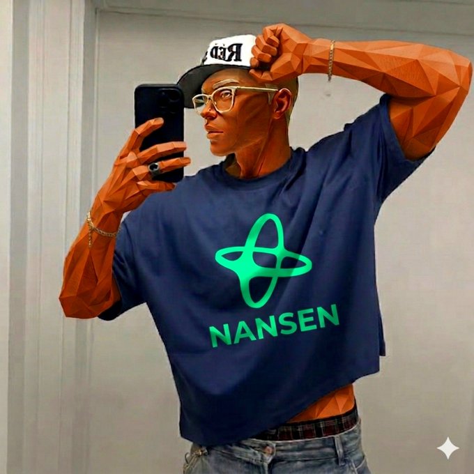 A stylized low-poly illustration of a man wearing a backwards cap, glasses, and a blue 'NANSEN' t-shirt with a green atomic-style logo, taking a mirror selfie with his phone.