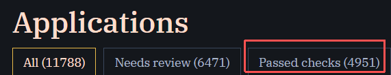 A navigation bar showing 'Applications' with three tabs: 'All (11788)', 'Needs review (6471)', and a highlighted 'Passed checks (4951)' tab outlined in red.