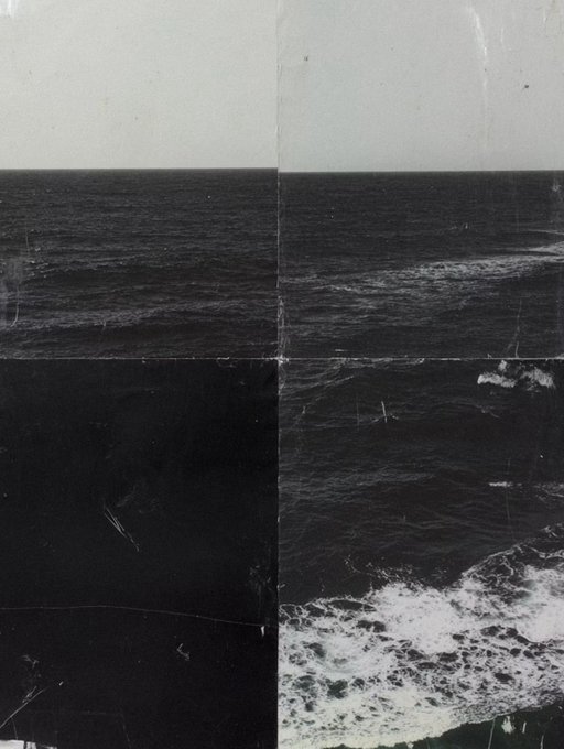 A vintage black-and-white photograph divided into a grid shows a dark, moody ocean scene with waves crashing against rocks.