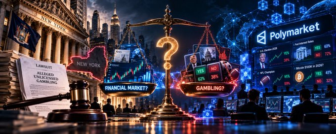 A dramatic composite image showing scales of justice balancing 'FINANCIAL MARKET?' and 'GAMBLING?' alongside the New York Stock Exchange, legal documents labeled 'LAWSUIT ALLEGED UNLICENSED GAMBLING', and a 'Polymarket' prediction interface.
