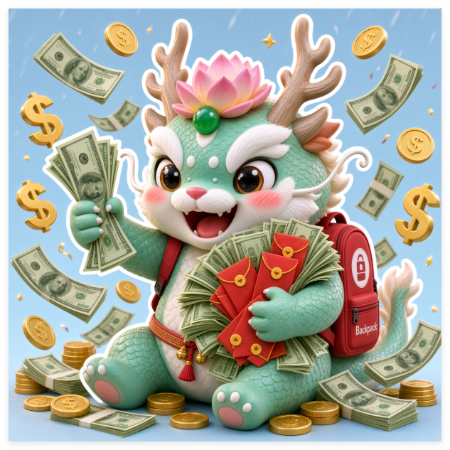 A cartoon illustration of a cute green dragon-like creature wearing a lotus flower, holding cash and red envelopes with gold coins and dollar bills scattered around.