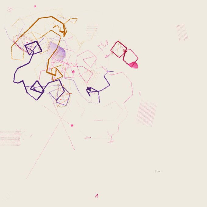 An abstract digital artwork featuring thin geometric lines and shapes in purple, magenta, orange, and pink scattered across a cream background, with a small letter "A" in pink at the bottom center, serving as a promotional teaser image for an upcoming NFT collection announcement tied to rising ETH prices.