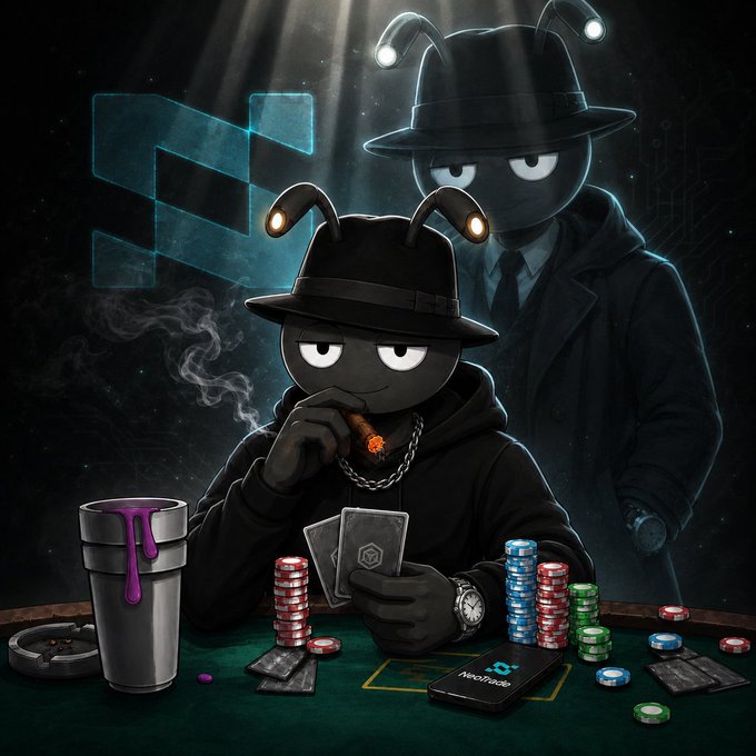 Digital artwork featuring two anthropomorphic ant characters in detective/fedora hats playing poker with casino chips and cards at a table that includes a NeoTrade-branded phone.