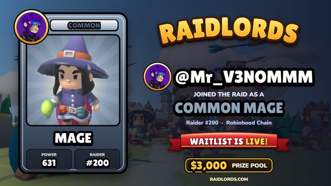 A colorful RAIDLORDS game graphic announces “RAIDLORDS,” says “@Mr_V3NOMMM JOINED THE RAID AS A COMMON MAGE,” and shows “RAIDLORDS.COM” and a “$3,000 PRIZE POOL.”
