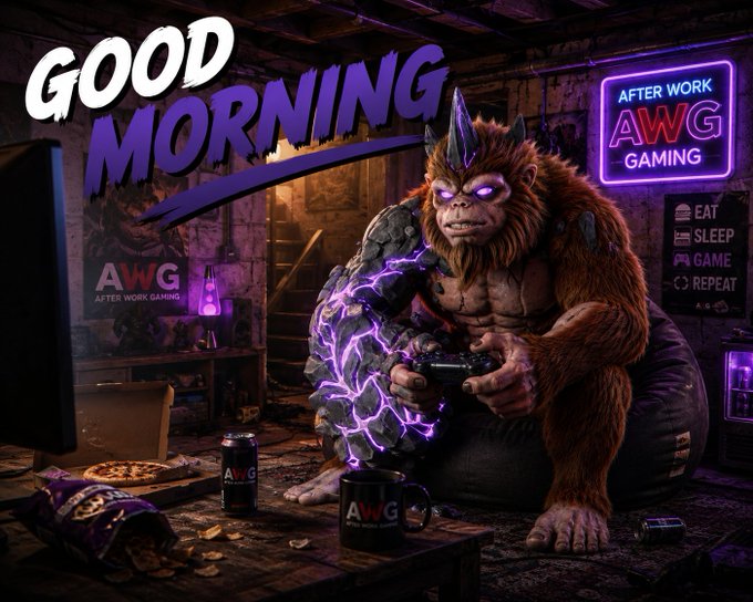 A 'GOOD MORNING' graphic features a furry, horned monster playing video games in a dimly lit room, with neon signs reading 'AFTER WORK GAMING AWG' and 'EAT SLEEP GAME REPEAT'.