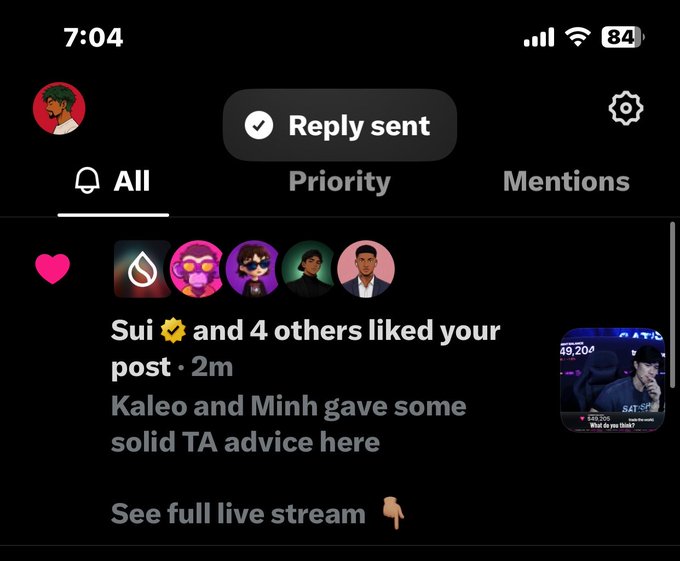 A mobile screenshot of a social media notification feed showing "Reply sent" confirmation, with likes from "Sui" and others on a post about "Kaleo and Minh" giving TA advice.