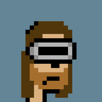 A low-resolution pixel art portrait of a figure wearing a black and white VR-style headset against a blue background.