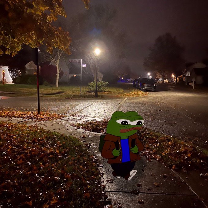 A digitally edited image showing a sad Pepe the Frog character wearing a brown jacket and backpack, walking alone on a leaf-strewn sidewalk at night under a streetlamp.