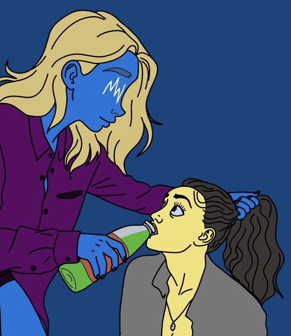 A stylized illustration shows a blonde blue-skinned figure with 'MW' tattooed on their face holding down another person while pouring a green liquid from a bottle into their mouth.