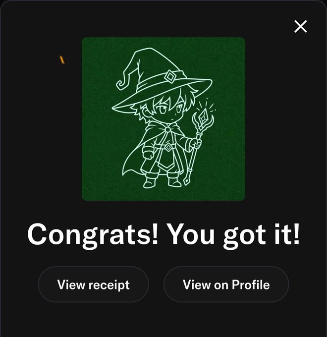 A celebratory popup screen with 'Congrats! You got it!' text, featuring a green square with a white line drawing of a chibi wizard holding a staff, and buttons for 'View receipt' and 'View on Profile'.