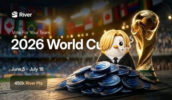 The image features a poster for the World Cup of 2016, which encourages people to vote for their favorite team by placing a small figurine of a man dressed as a businessman next to a pile of coins. The text on the poster reads "Vote For Your Team" and "2026 World Cup", while the background shows a soccer stadium filled with fans. The image also includes a link to a post about the voting challenge, which encourages people to support their favorite team by placing money into a jar labeled "River Pts".