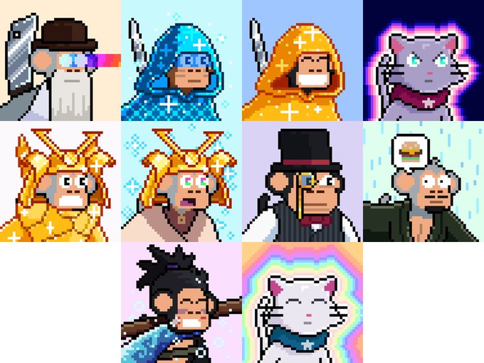 A collection of pixel-art characters includes bearded monkeys in wizard robes, a figure in a top hat, a cat, and a shaman-like character, arranged in a grid.