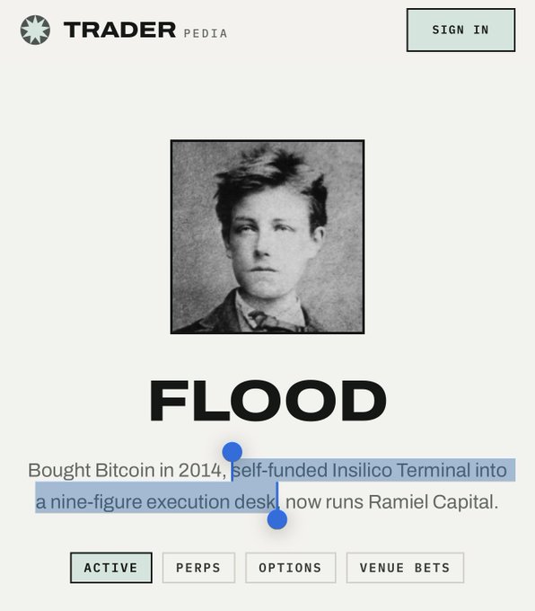 The image shows a Traderpedia profile page for a trader nicknamed "FLOOD," featuring a vintage mugshot-style portrait of a young man, with a highlighted bio reading "Bought Bitcoin in 2014, self-funded Insilico Terminal into a nine-figure execution desk, now runs Ramiel Capital." The "CINEMA" theme is reflected in the cinematic, old-fashioned black-and-white portrait aesthetic of the profile photo.