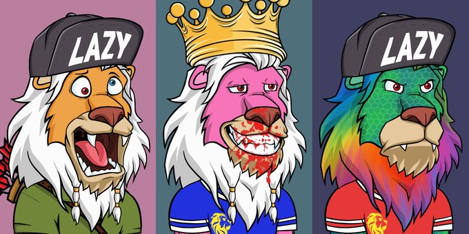 Three cartoon lion characters are shown side by side; two wear black hats labeled 'LAZY', while the middle one wears a golden crown.